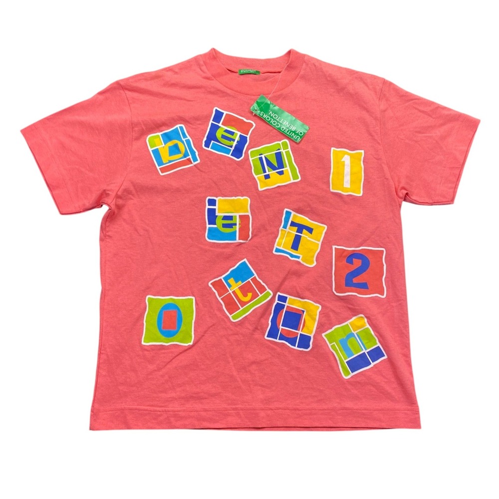 Vintage United Colors of Benetton T-Shirt Pink Block Letter Made in Italy NEW